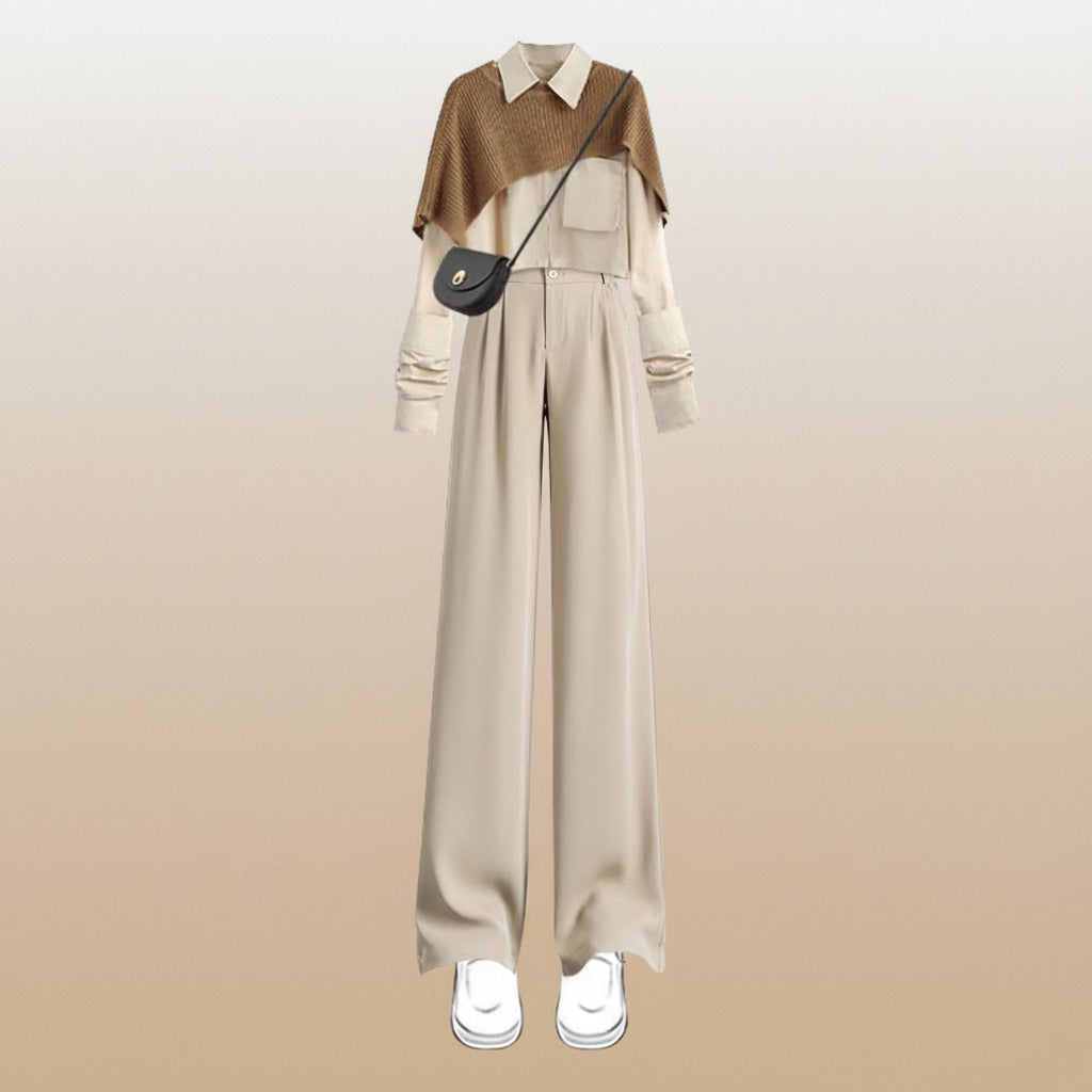 Fashion Set Korean Elegant Retro Smock, Shirt and Wide-Leg - Vusy Kawaii Shop