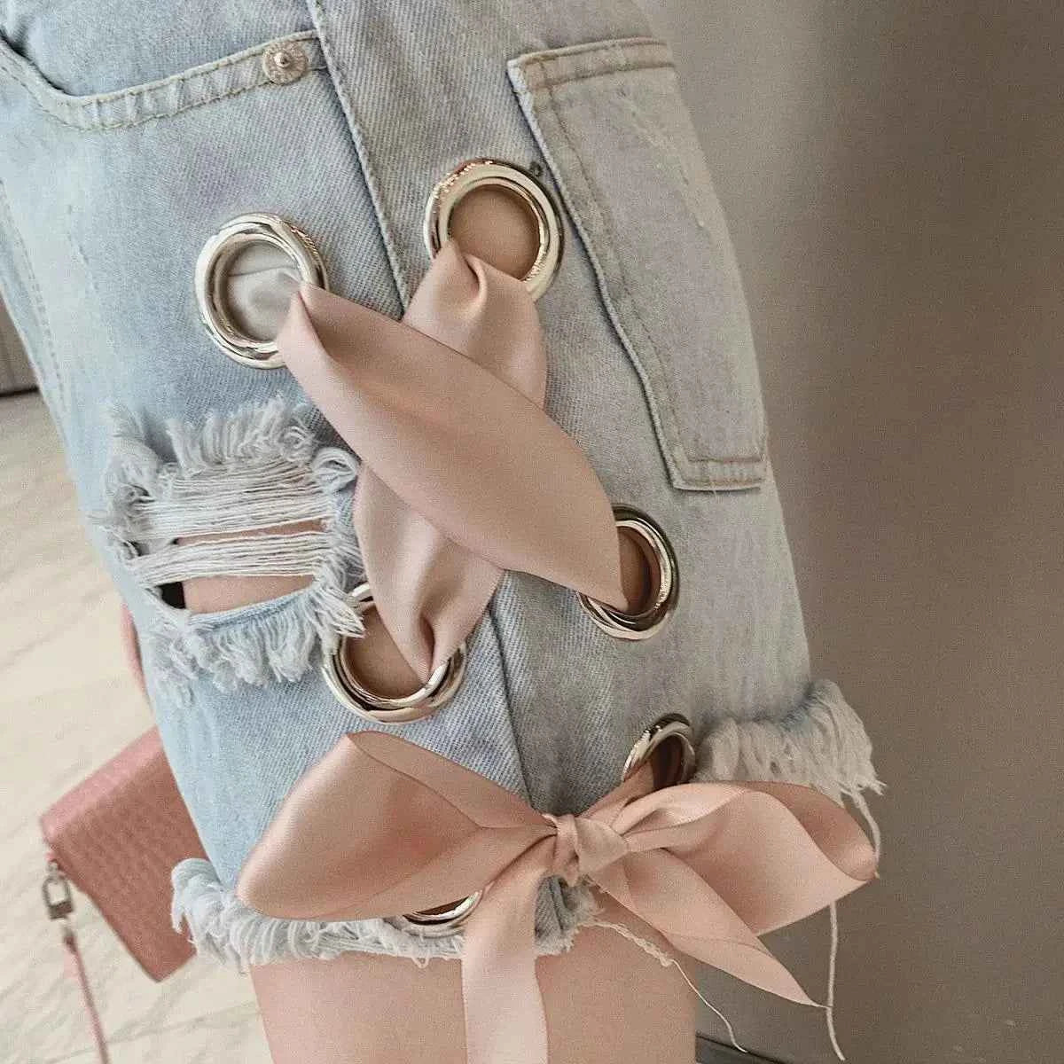 Japanese Summer High Waisted Denim Shorts Cute Ribbon Bow