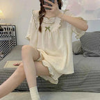 Pajamas Women's Summer Short-Sleeved Japanese Girls Solid-Coloured Breathable Large Size Bubble Cotton Casual Pajamas Homewear