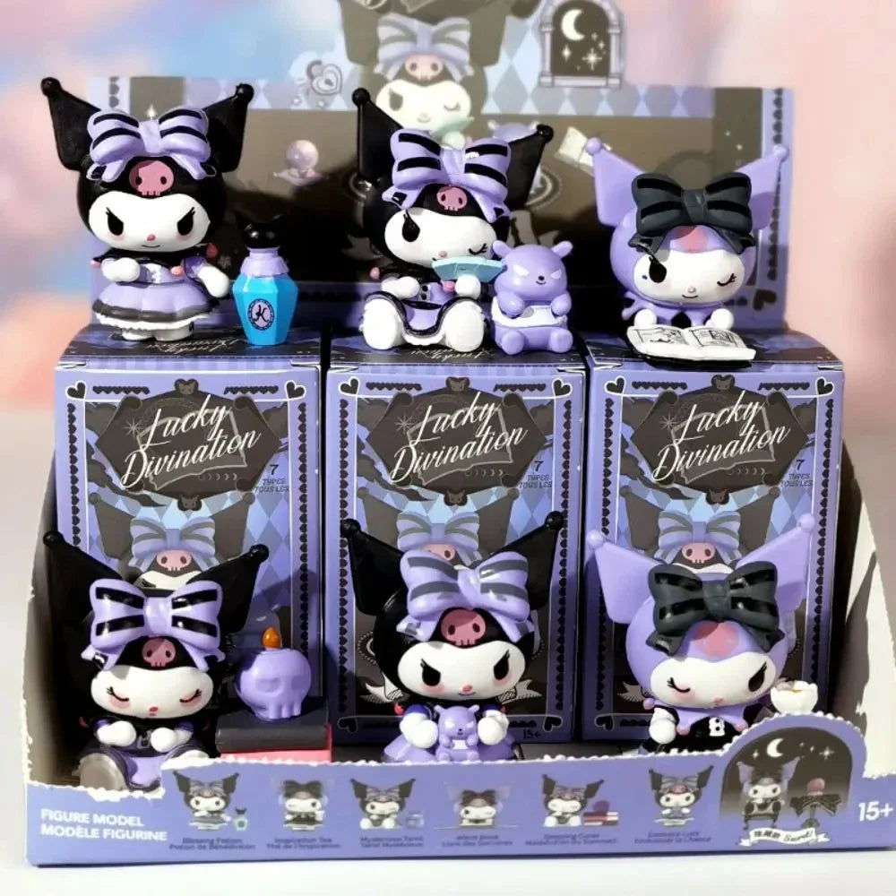 Six Kuromi Lucky Divination figures displayed on three boxes, front view
