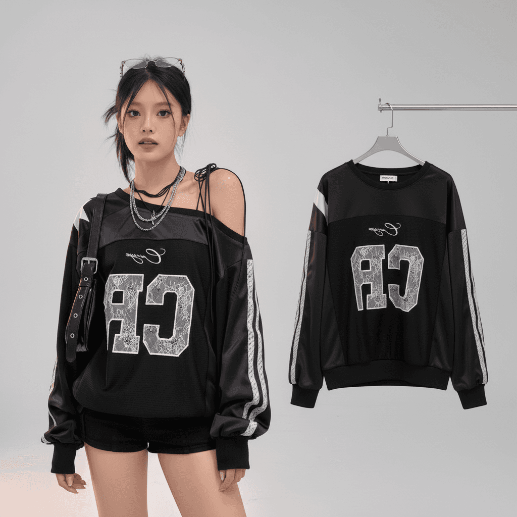 Aesthetic Lace Letter Hoodie Women Skew Collar Lace Up