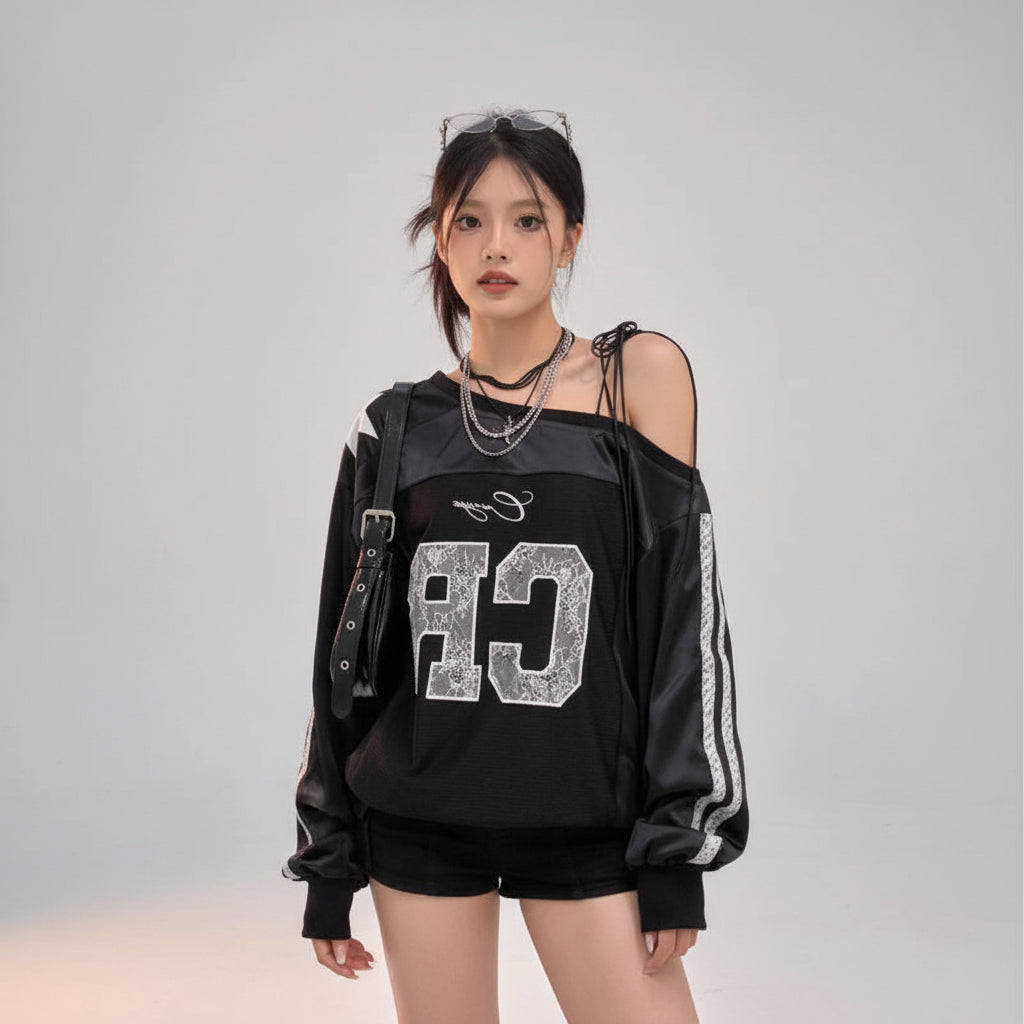 Aesthetic Lace Letter Hoodie Women Skew Collar Lace Up - Vusy Kawaii Shop
