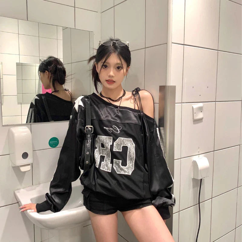 Aesthetic Lace Letter Hoodie Women Skew Collar Lace Up - Vusy Kawaii Shop
