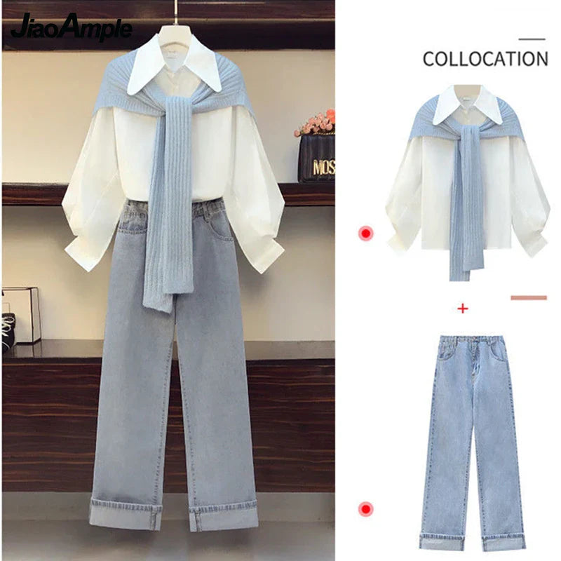 Two Pieces Set Women Fashion Long Sleeve White Shirt, Shawl - Vusy Kawaii Shop