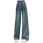 Blue Striped Knit Vest Shirt and Jeans Set, light-wash wide-leg jeans, flat lay front view