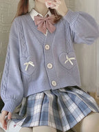 Japanese Kawaii Knitted Cardigan Women Heart Bow Pockets - Vusy Kawaii Shop