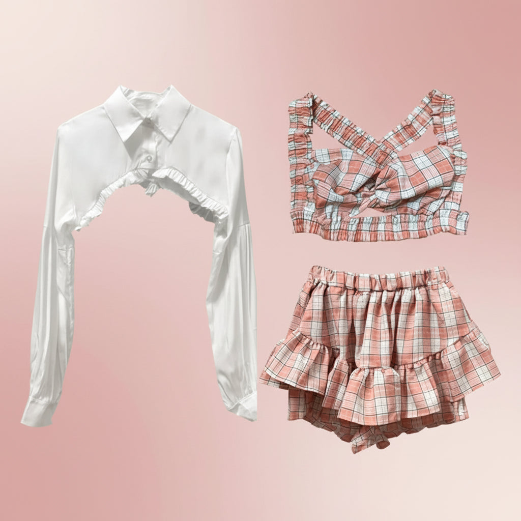 Korean Summer Fashion Outfit Sexy Short Ruffles Shirt Plaid - Vusy Kawaii Shop