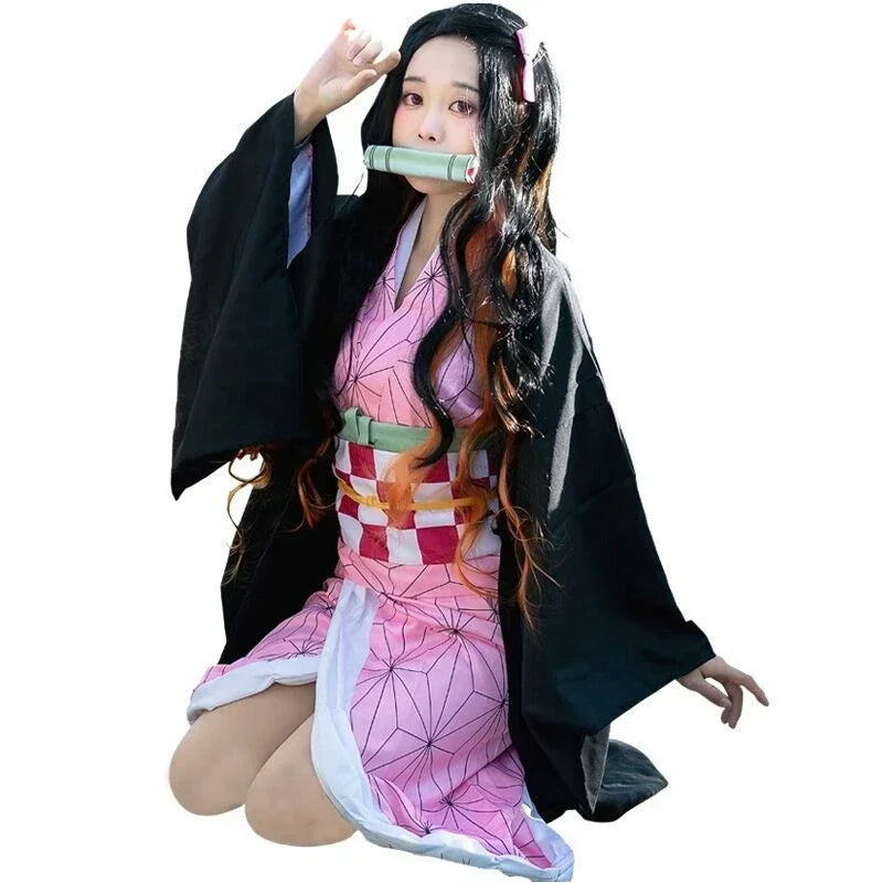 Nezuko Kamado Demon Slayer kimono cosplay with wig on model, front view
