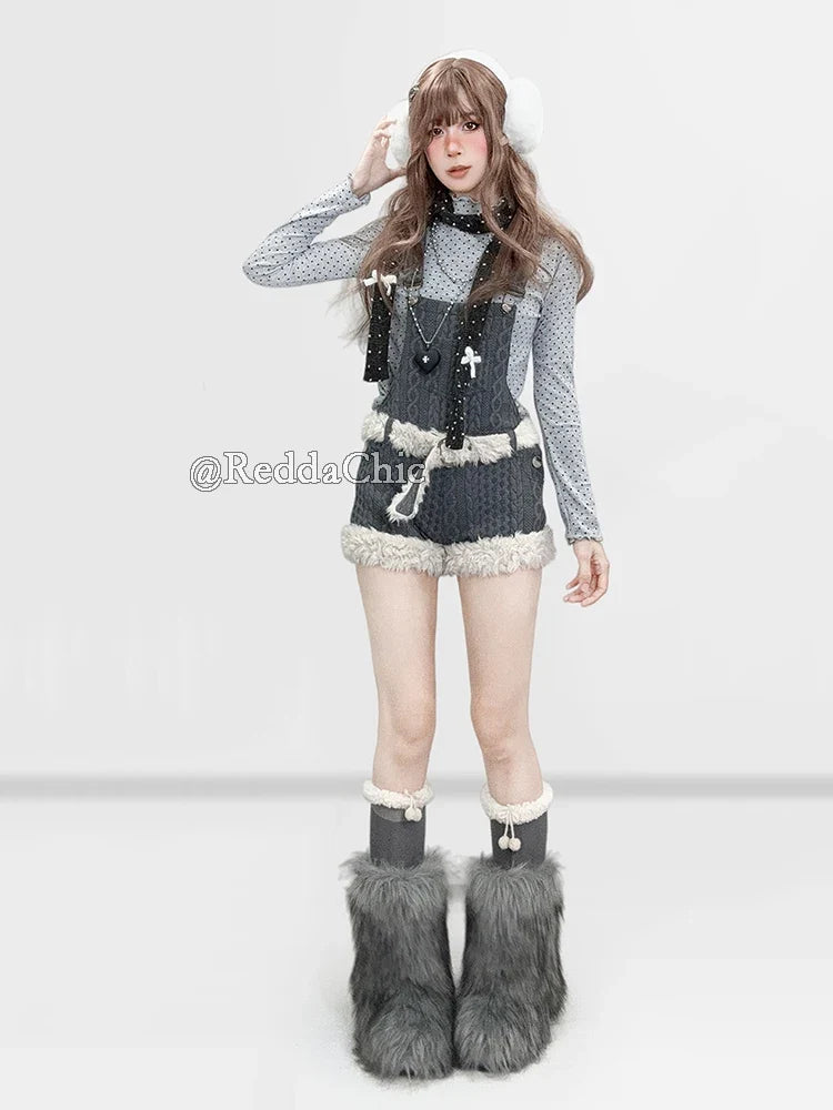 Gray Y2K furry knit shortalls set with polka dot turtleneck, adjustable straps
