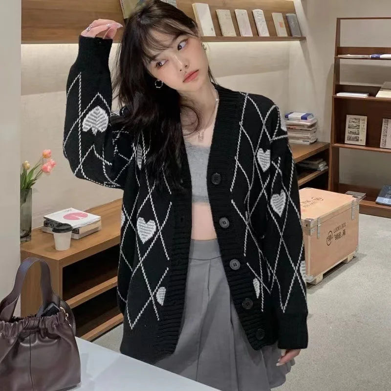 Women Heart Pattern Jacquard Sweater Long Sleeve Love Style - Vusy Kawaii Shop