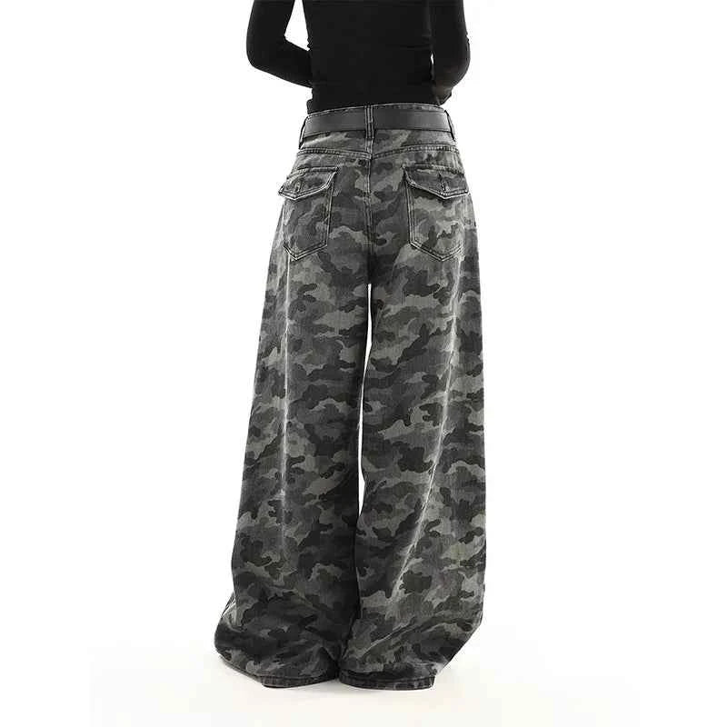 Women camouflage Jeans Sense design Vintage High Waisted Straight Denim Trouser Y2K American Streetwear Wide Leg Denim Pants ﻿