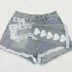 Japanese Sweet Lace Edge Patchwork Cotton Denim Cute Shorts