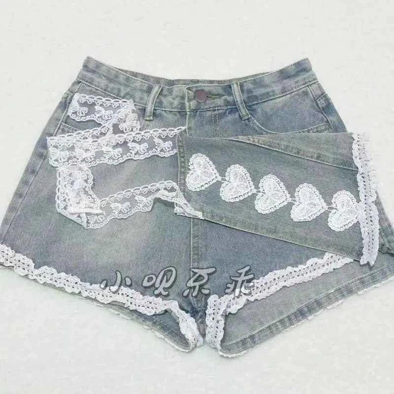 Japanese Sweet Lace Edge Patchwork Cotton Denim Cute Shorts