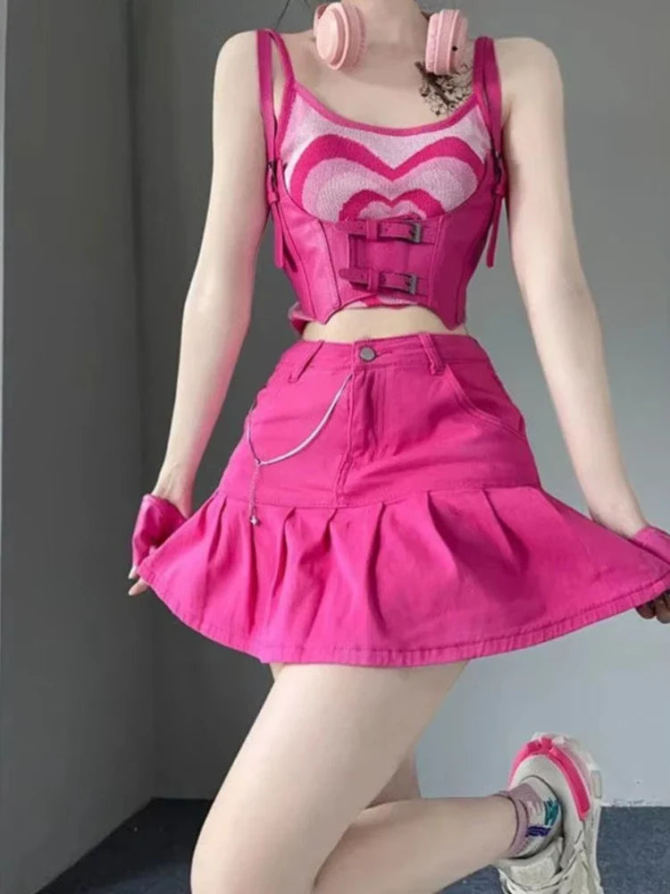 Denim Mini Pleated Skirt Summer High Waist Shorts Skirts - Vusy Kawaii Shop