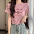 Korean Oversized Cotton T-Shirt Pink Letter Print Summer