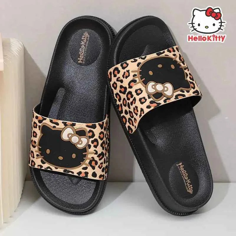 Hello Kittys Slippers Leopard Print Women Kawaii Summer Home Bathroom Bath Sandals Creative Fashion Non Slip Can Be Worn Outside