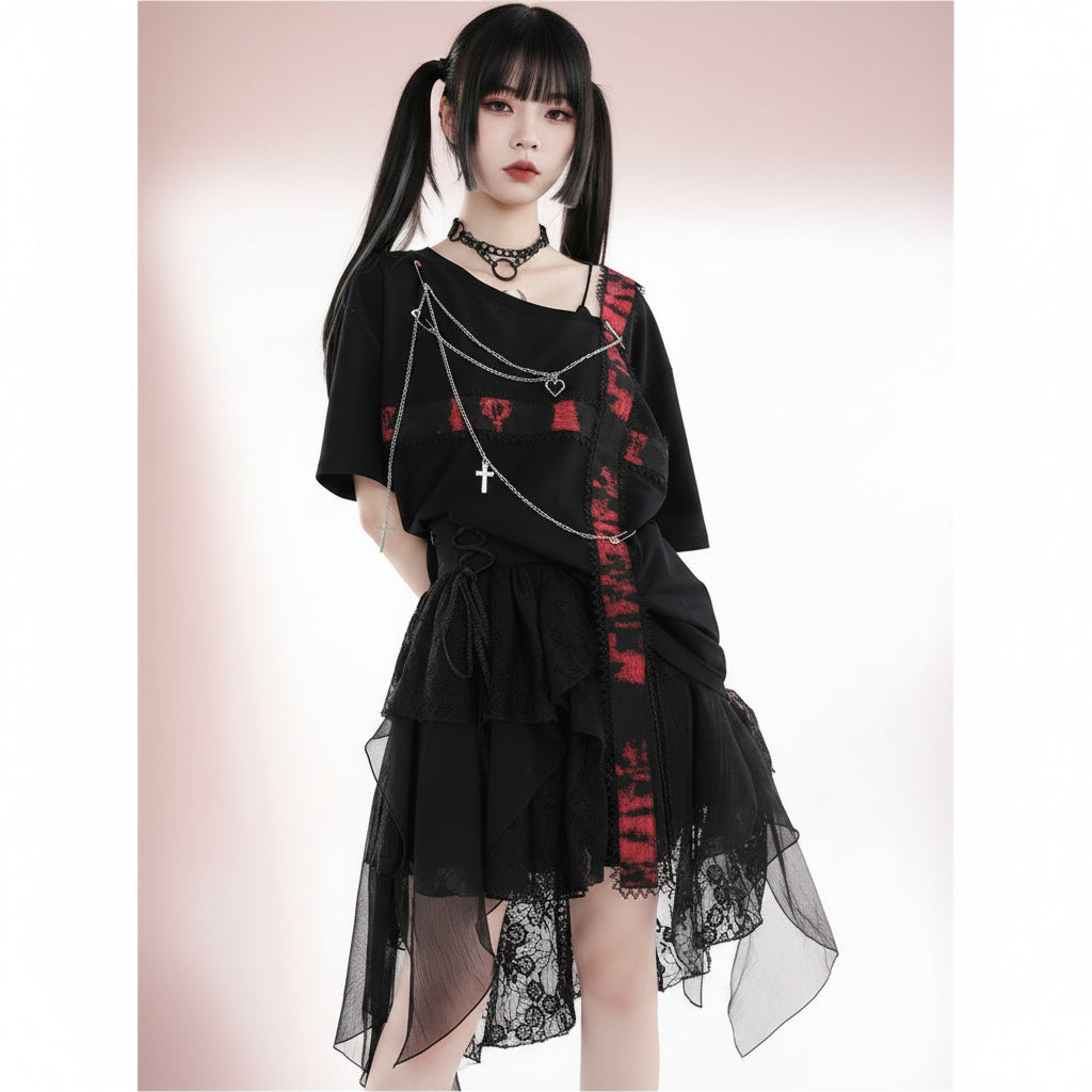 Harajuku T-Shirts Women Cross Chain Top Tee Loose Off - Vusy Kawaii Shop