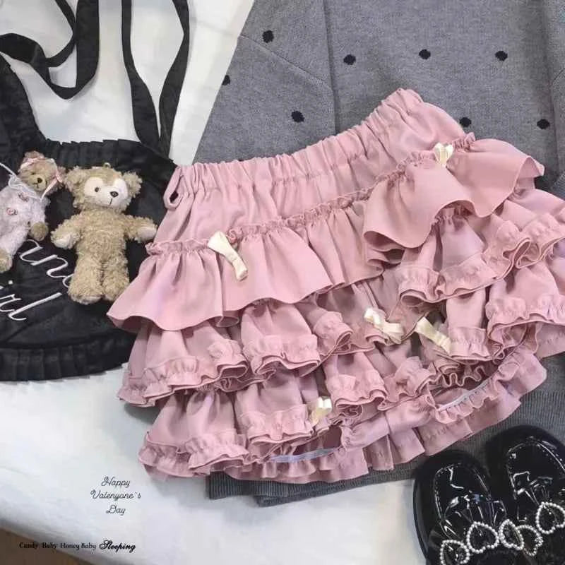 Japanese Sweet Lace Patchwork Ruched Cake Skirts High Waist