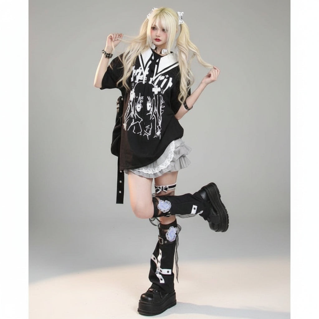 Women Japanese Cartoon Print Top Streetwear Sailor Collar - Vusy Kawaii Shop