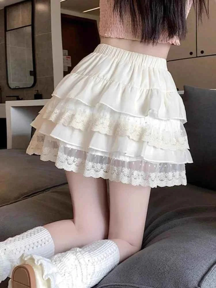 Fashion Sweet White Lace Cake Skirt Summer High Waist A-line
