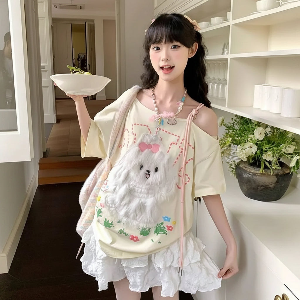 Summer Sweet Girl Student Plush Dog Embroidery Cute Short - Vusy Kawaii Shop