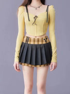 Long Sleeve Square Collar Slim Two-Piece Set Design Pleated - Vusy Kawaii Shop