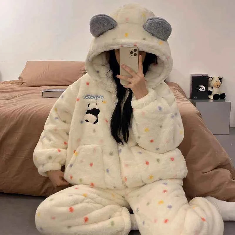 Sanrios My Melody Women's Pajamas Anime Kawaii Pompom Purins Coral Velvet Thickened Cute Hooded Zipper Home Wear Nightgown Suit