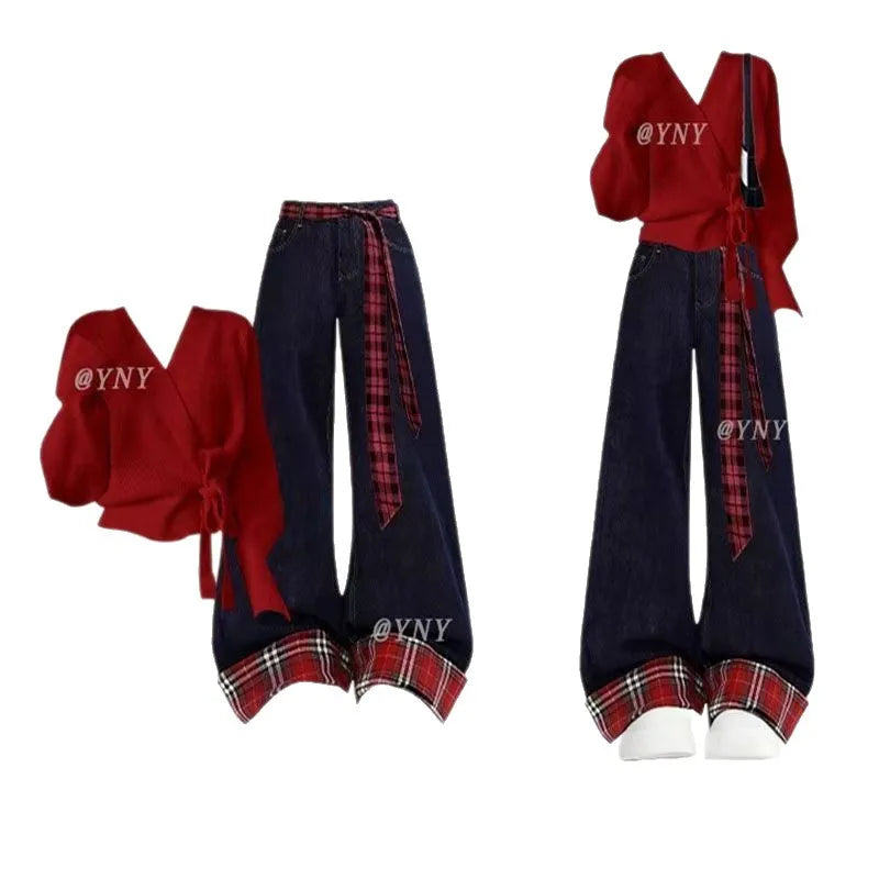 Red Wrap Top and Plaid Cuff Wide Leg Jeans Set, flat lay and styled view of the red wrap top with dark wide-leg jeans and a plaid sash belt