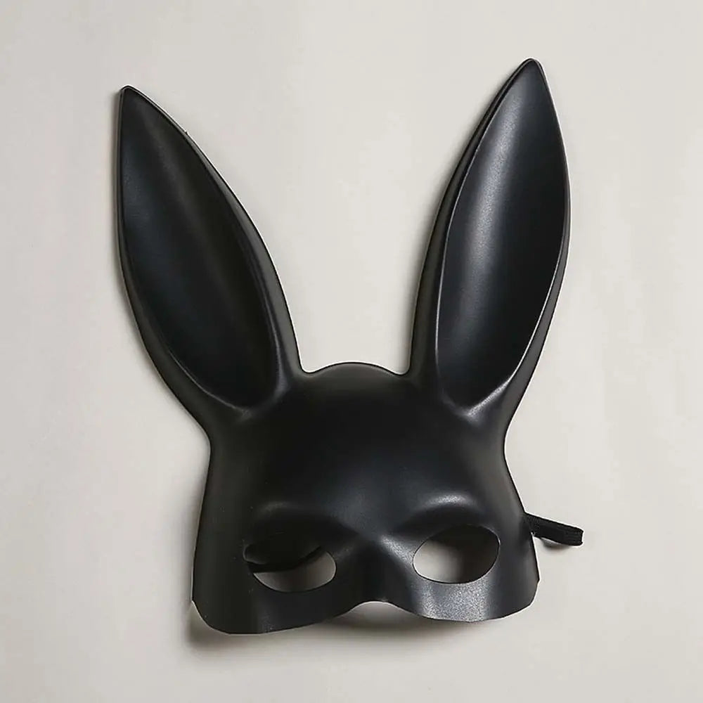 Matte black bunny ear masquerade mask, front view
