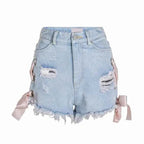 Japanese Summer High Waisted Denim Shorts Cute Ribbon Bow