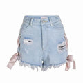 Japanese Summer High Waisted Denim Shorts Cute Ribbon Bow
