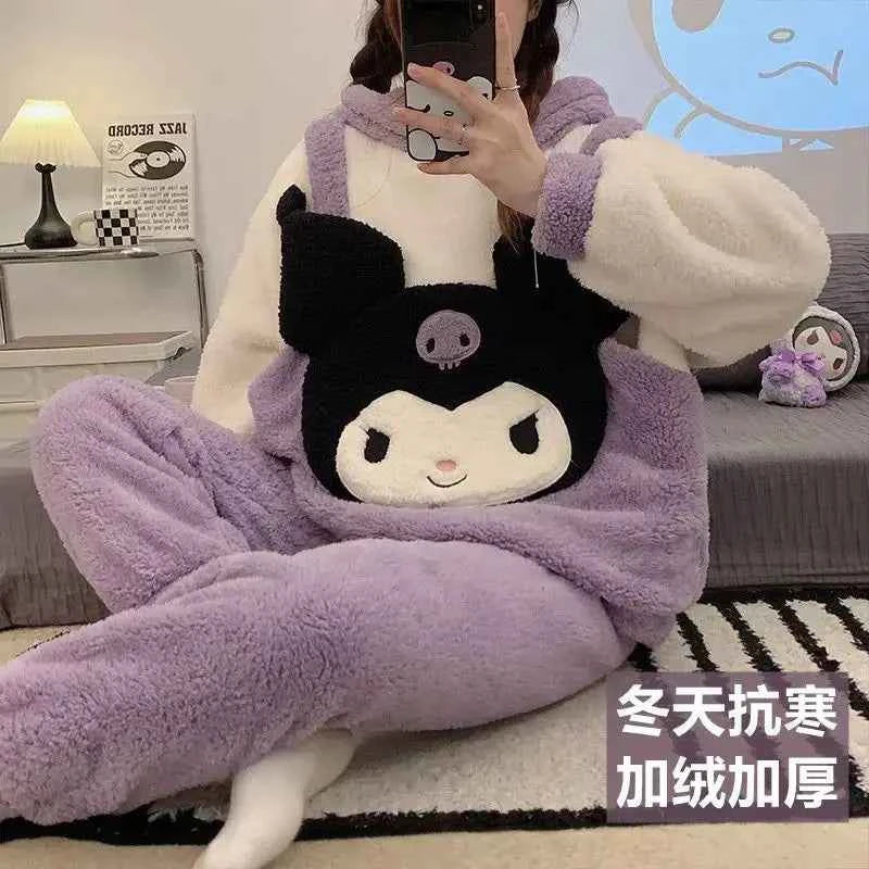 Sanrios Cinnamoroll Pajamas Women's Winter Kuromi Coral Velvet Thicken New Loose Large Size Trendy Outerwear Home Clothes Warmth