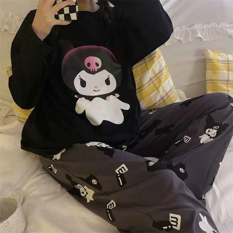 Kawaii Kuromi Long Sleeve Pajamas Set Women Anime Sanrioed Autumn Pajamas Pants Two Piece Comfort Soft Home Wear Outgoing Girls