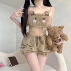 Sanrioed Kuromi My Melody Cinnamoroll Sexy Womenpajamas Hot Girls Flannel Cartoon Fluffy Suspender Pajamas Shorts Set Girls Gift
