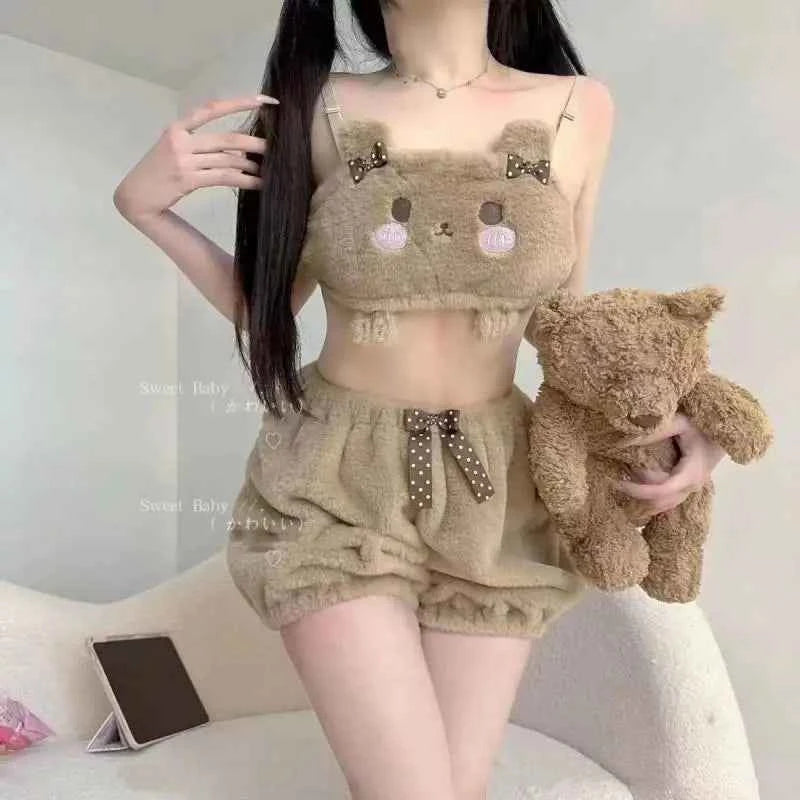 Sanrioed Kuromi My Melody Cinnamoroll Sexy Womenpajamas Hot Girls Flannel Cartoon Fluffy Suspender Pajamas Shorts Set Girls Gift