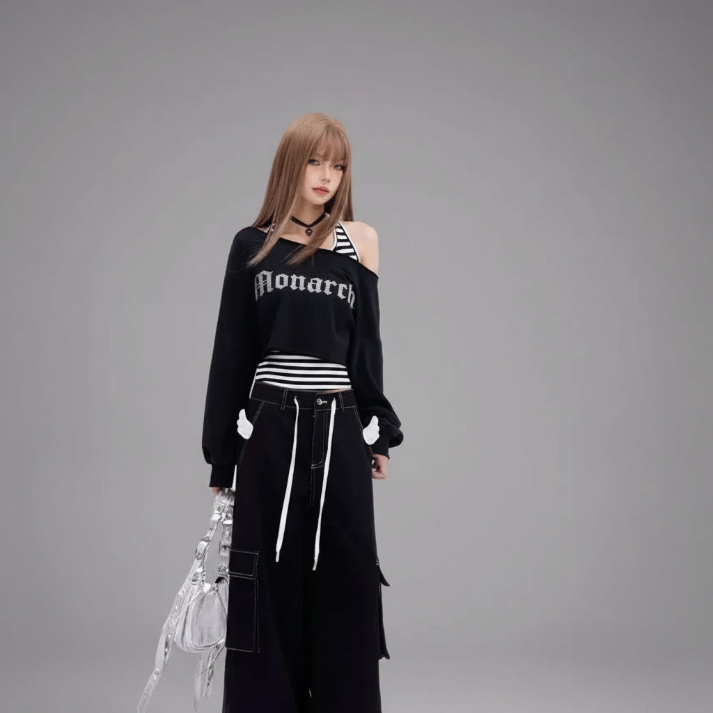 Spring-Autumn Retro Off Shoulder Short Girl Long Sleeve - Vusy Kawaii Shop