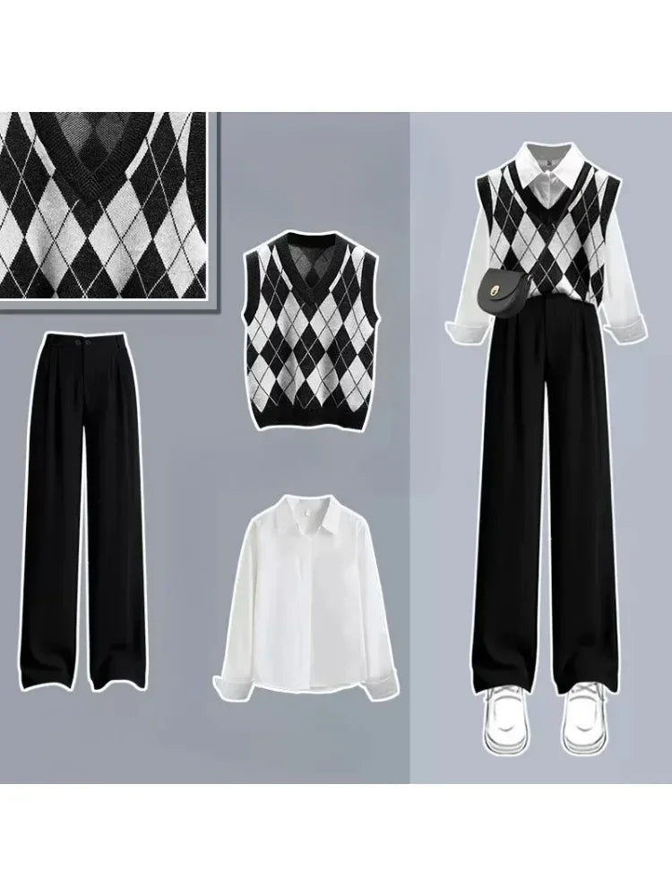 Pants Sets Contrast Plaid V Neck Knitted Vest White Shirt - Vusy Kawaii Shop