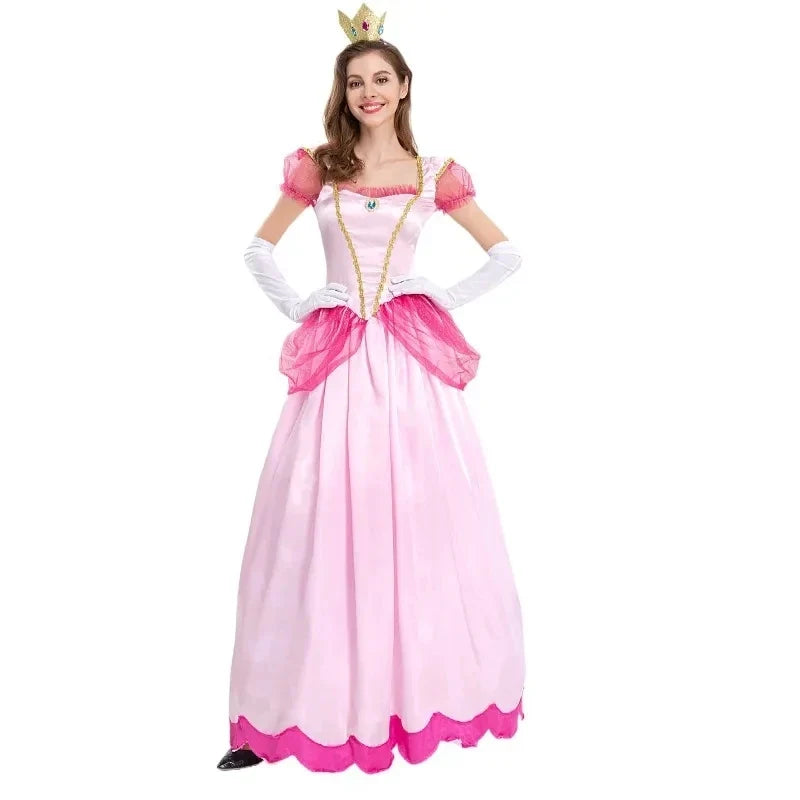 Princess Peach ball gown costume in pink satin with crown, front view