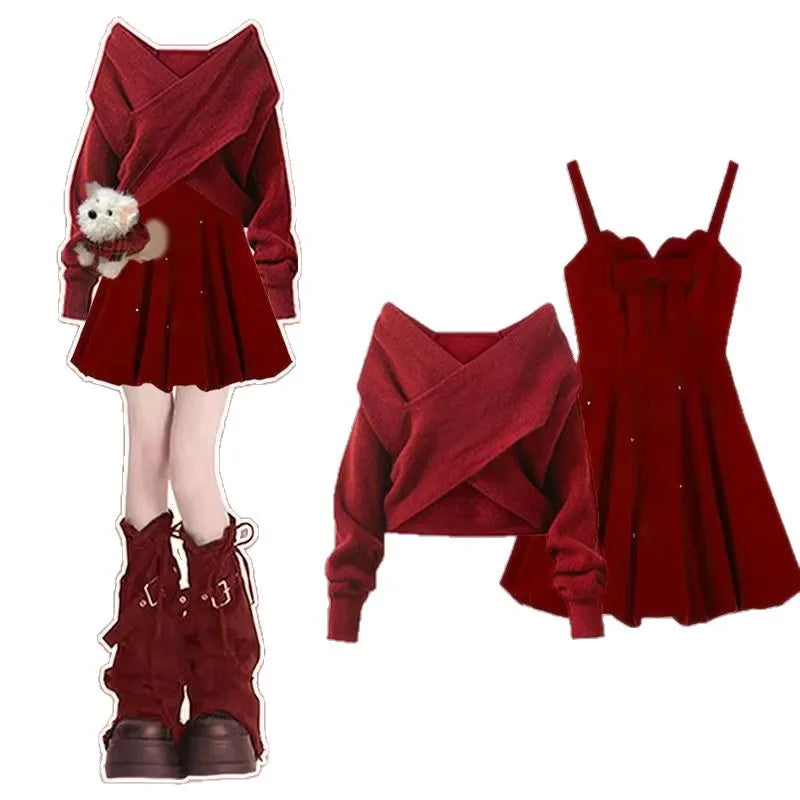 Red coquette knit wrap sweater and cami dress set, crossover off-shoulder sweater
