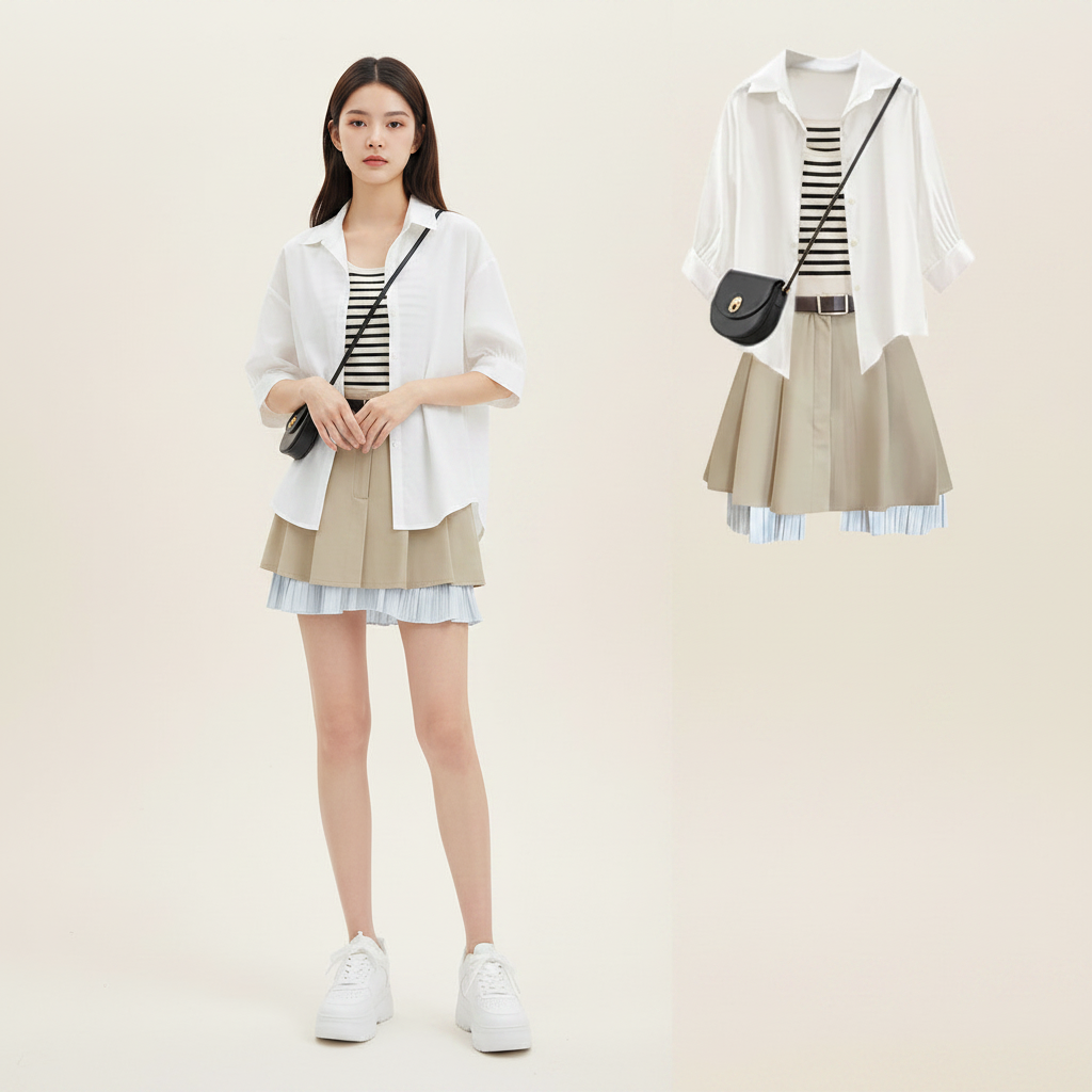 Smart Casual Three-Piece Set Loose Shirt · Inner Tank · Pleated Skirt