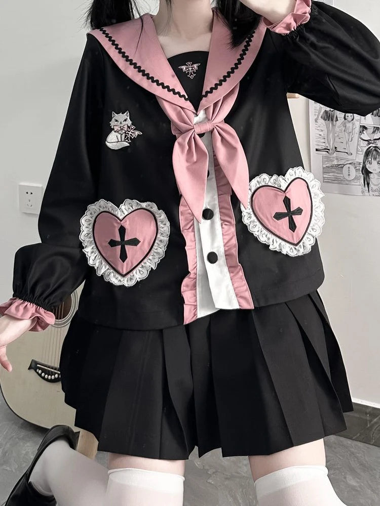 Women's Kawaii Cat Embroidery Blouse & Pleated Mini Skirt Set