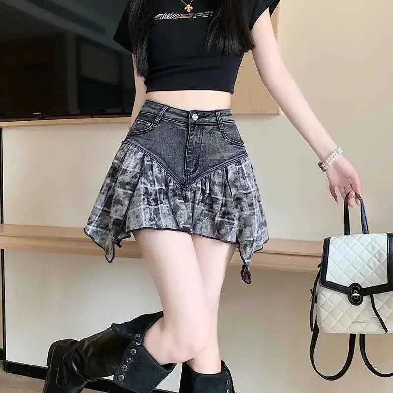 Kawaii Pink Plaid Spliced Denim Skirts Summer A-line