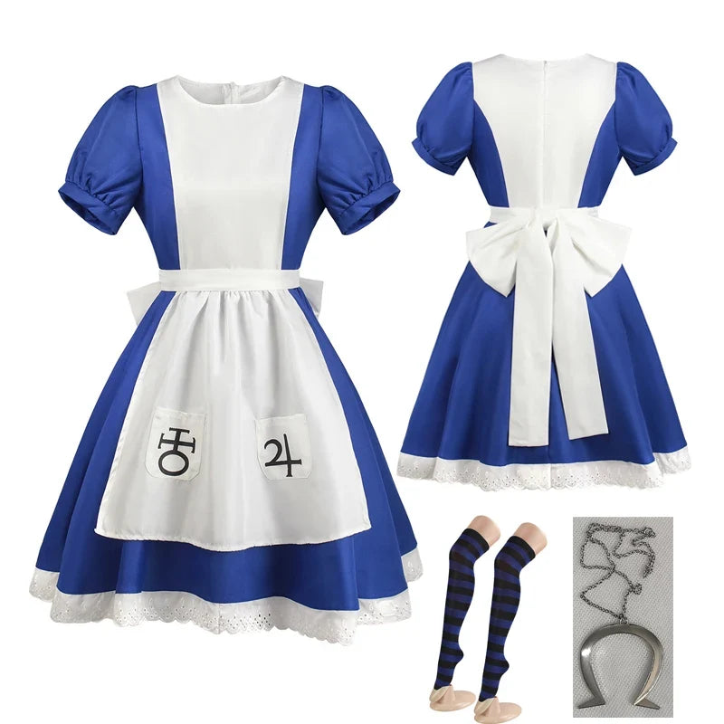 Alice Madness Returns clean blue and white maid dress, front and back view