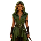 Woman wearing green elf ranger hooded tunic with wrap belt and brown arm guards