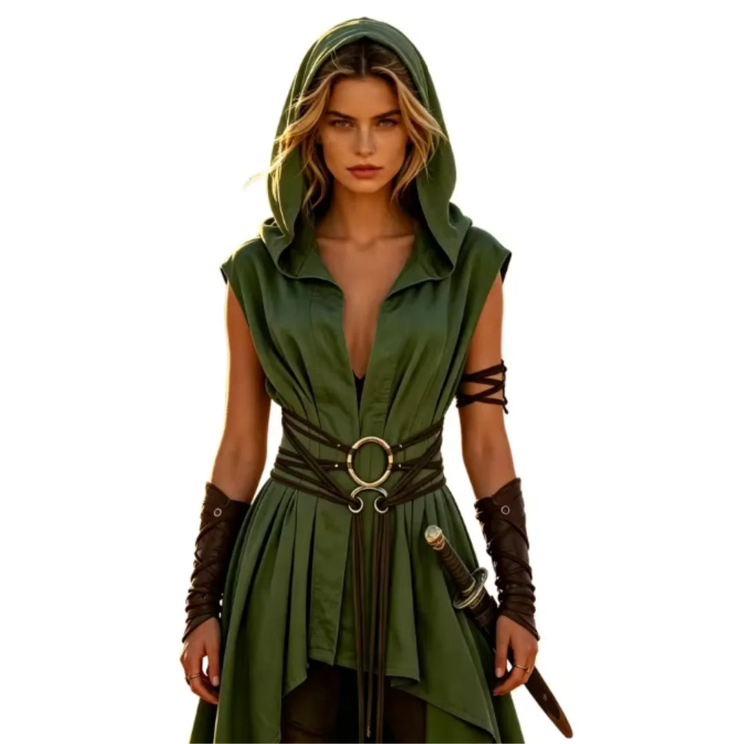 Woman wearing green elf ranger hooded tunic with wrap belt and brown arm guards