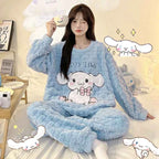 Anime Sanrios Pajamas Set Kawaii Cinnamoroll Cartoon Pajamas Coral Velvet Autumn Winter Warm Nightgown Cute Student Home Clothes