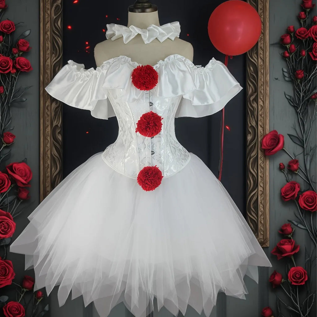 White creepy clown corset costume with red pom poms on mannequin among red roses