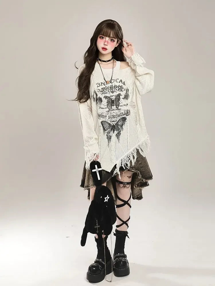 Irregular Butterfly Off Shoulder Sweater Women Clothing - Vusy Kawaii Shop