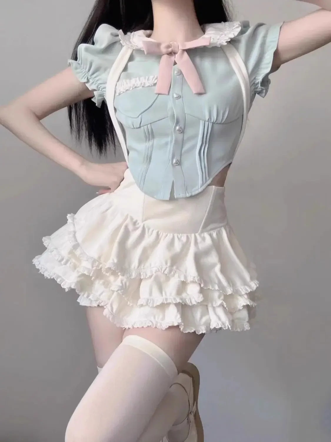 Kawaii Kawaii Clothing 2 Piece Sets Puff Mini Skirts Crop - Vusy Kawaii Shop