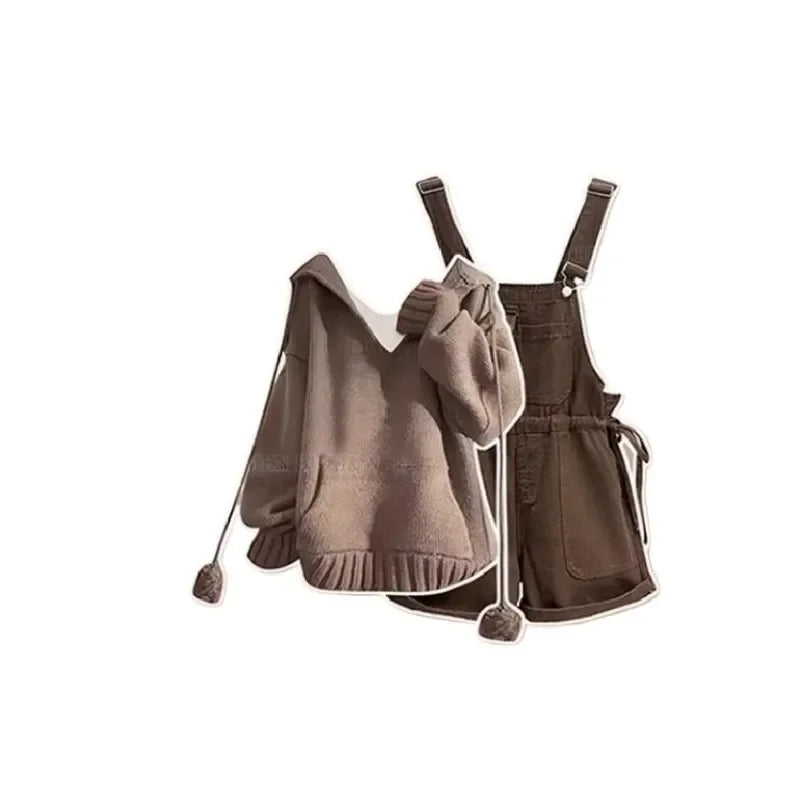 Brown Hooded Sweater and Denim Overall Shorts Set, mocha hooded sweater with pompom drawstrings and denim overall shorts flat lay